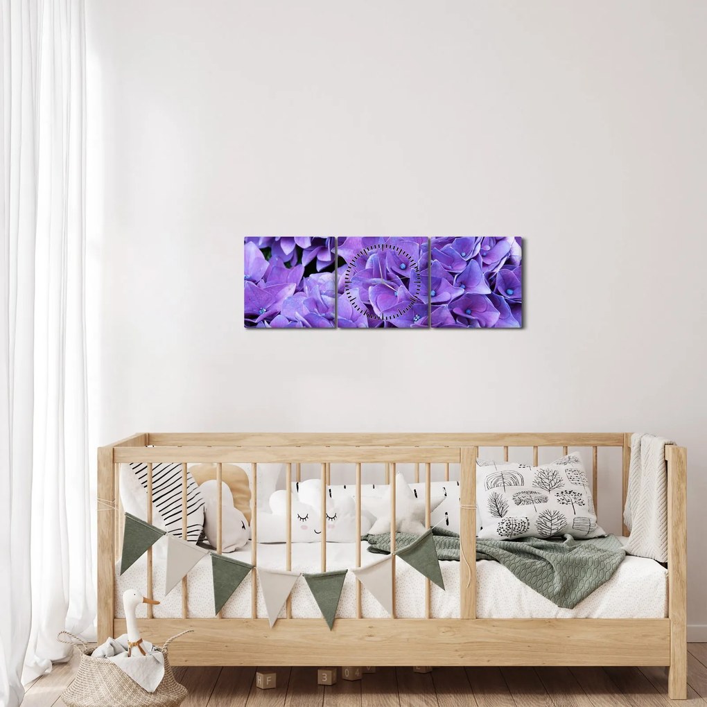 Obraz fioletowych kwiatów (z zegarem) (90x30 cm)