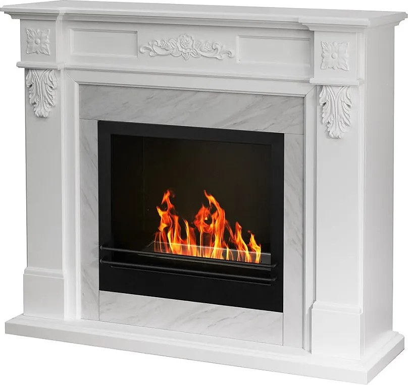 Biokominek TRUMAN, stojący biokominek, biały, efekt marmuru, dł. 121 x gł. 38 x wys. 108 cm