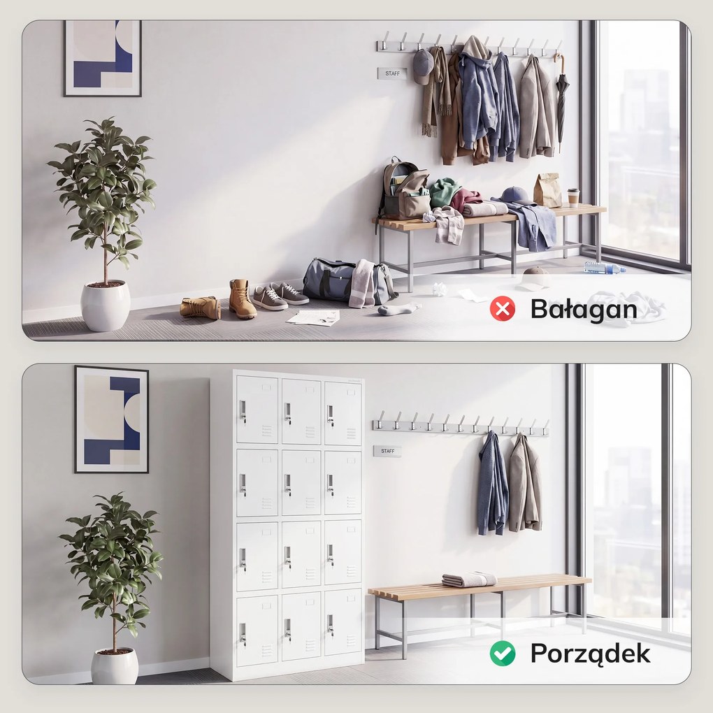 Szafka skrytkowa socjalna 12-skrytkowa biała, 900x1850x400 mm: MARCIN
