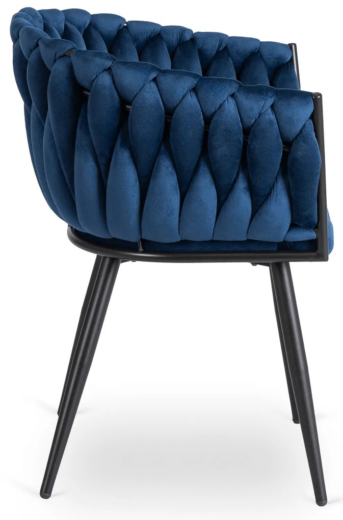 Krzesło Tapicerowane Plecione do Salonu ELENA Granatowe Welurowe Nowoczesne Loft