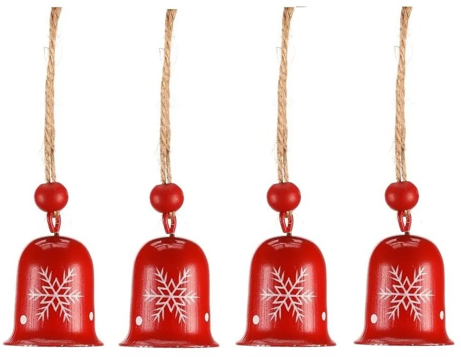 Zestaw wiszących dzwoneczków bożonarodzeniowych, 4 szt., czerwony, metal