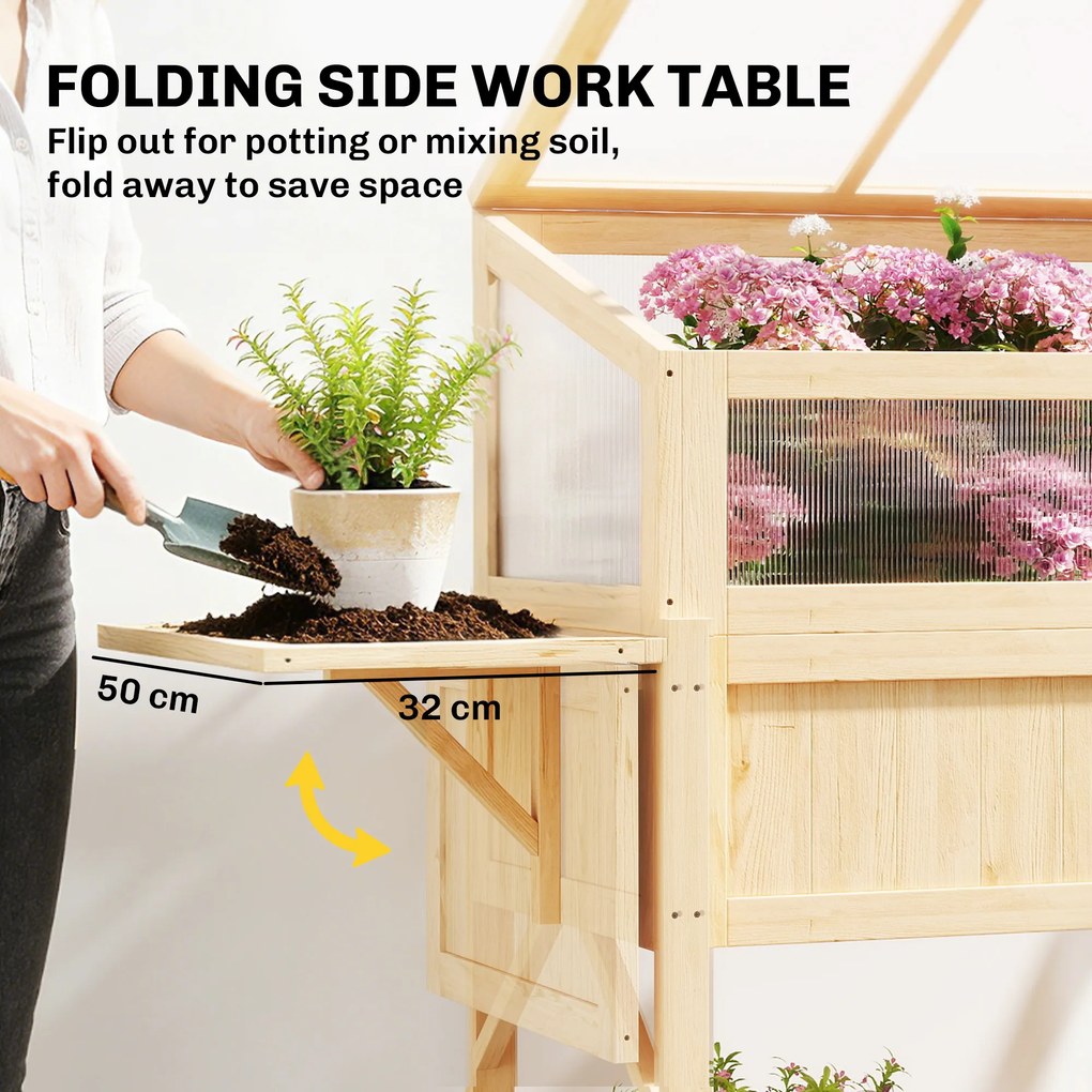 Outsunny Podwyższona grządka z nasadką szklarniową z drewna Skrzynka do sadzenia ze szklarnią składana boczna półka dolna półka Drewno naturalne | Aosom PL