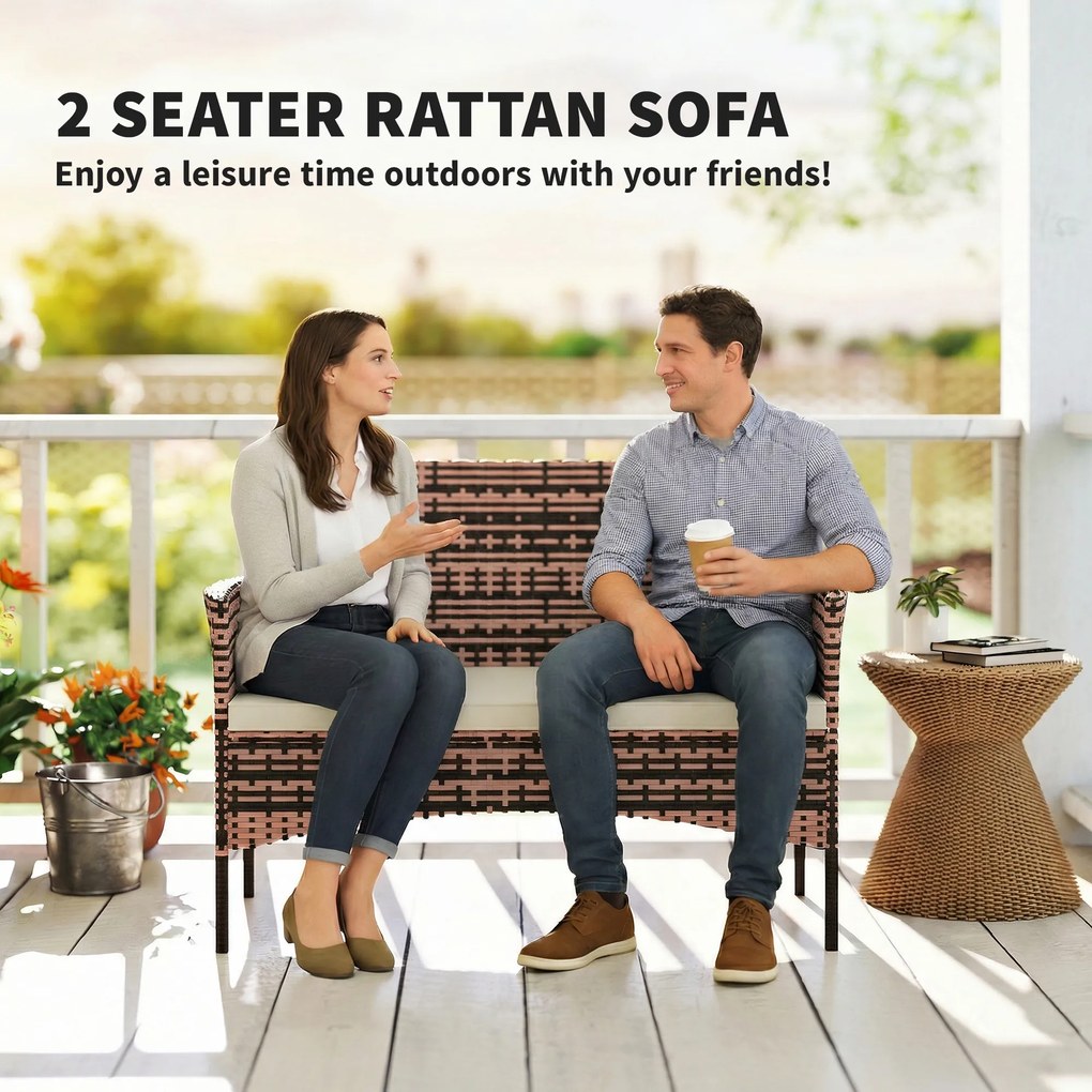 Outsunny 2-osobowa sofa ogrodowa Rattan PE, meble tarasowe z poduszką, antypoślizgowe maty, stalowa rama, Khaki | Aosom PL