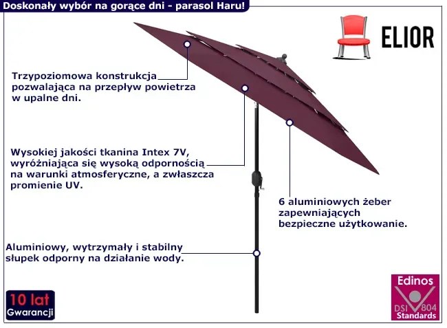 Bordowy parasol ogrodowy z aluminiowym słupkiem - Haru