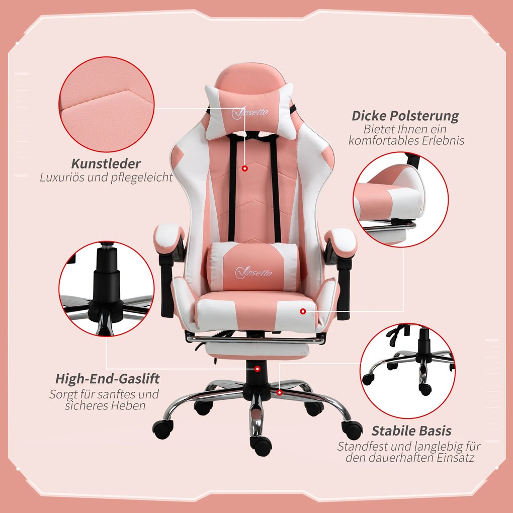 Vinsetto Fotel gamingowy ergonomiczny krzesło komputerowe z regulacją wysokości i zagłówkiem różowy biały | Aosom PL