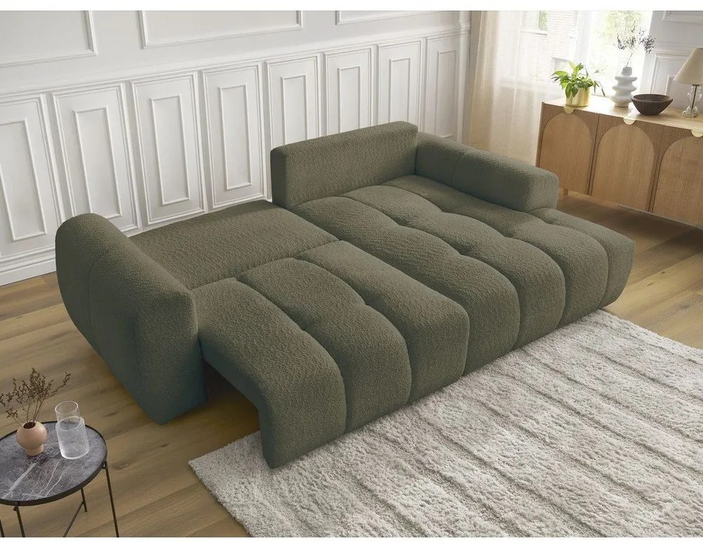 Rozkładany/ze schowkiem narożnik z materiału bouclé (prawostronny/z szezlongiem) w kolorze khaki Roxelane – Bobochic Paris