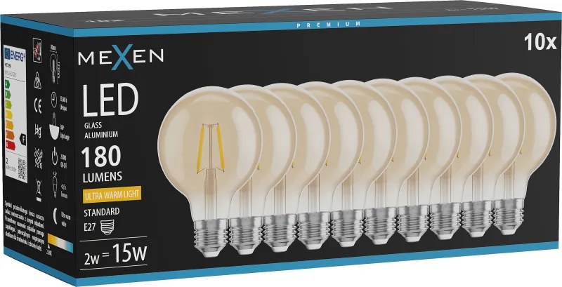 Mexen Vintis 10x żarówka filament LED E27, G80, 2W, Ciepła - 2200K, 180 lm, amber - L155-E27-0222-50x10