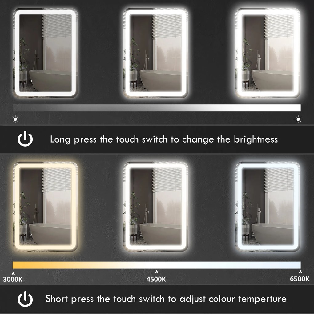 HOMCOM Lustro do Łazienki z Oświetleniem LED, Sterowanie Dotykowe, Anti-Beschlag, Regulowane, 3 Kolory Światła, 60 x 80, Srebrne