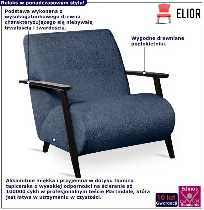 Granatowy fotel lisek z drewnianymi podłokietnikami N3-T50
