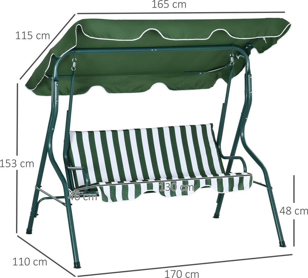 Outsunny Huśtawka ogrodowa 3-osobowa, Ławka huśtawka, Regulowany daszek przeciwsłoneczny, Stalowa konstrukcja, Zielony 170 x 110 x 153 cm