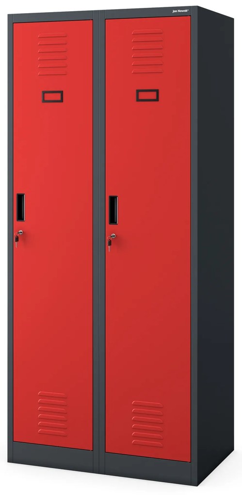 Szafka ubraniowa BHP antracytowo-czerwona: czterokomorowa KACPER, 800 x 1800 x 500 mm