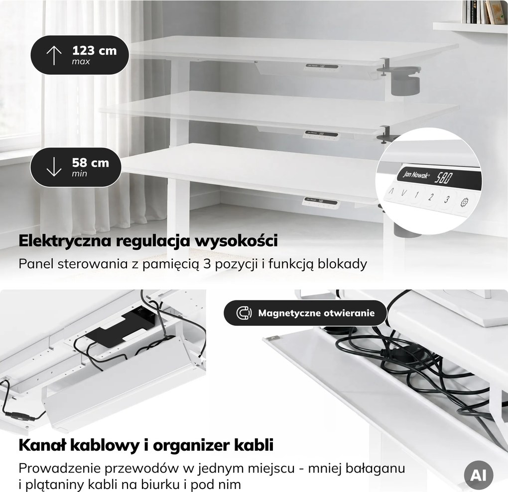 Biurko elektryczne z regulacją wysokości ergonomiczne białe,1400x700 mm: ARIA