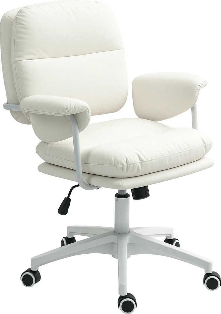 HOMCOM Regulowane krzesło biurowe z miękkimi poduszkami i pokryciem z ekoskóry, elastyczne kółka i funkcja przechylania, Biały
