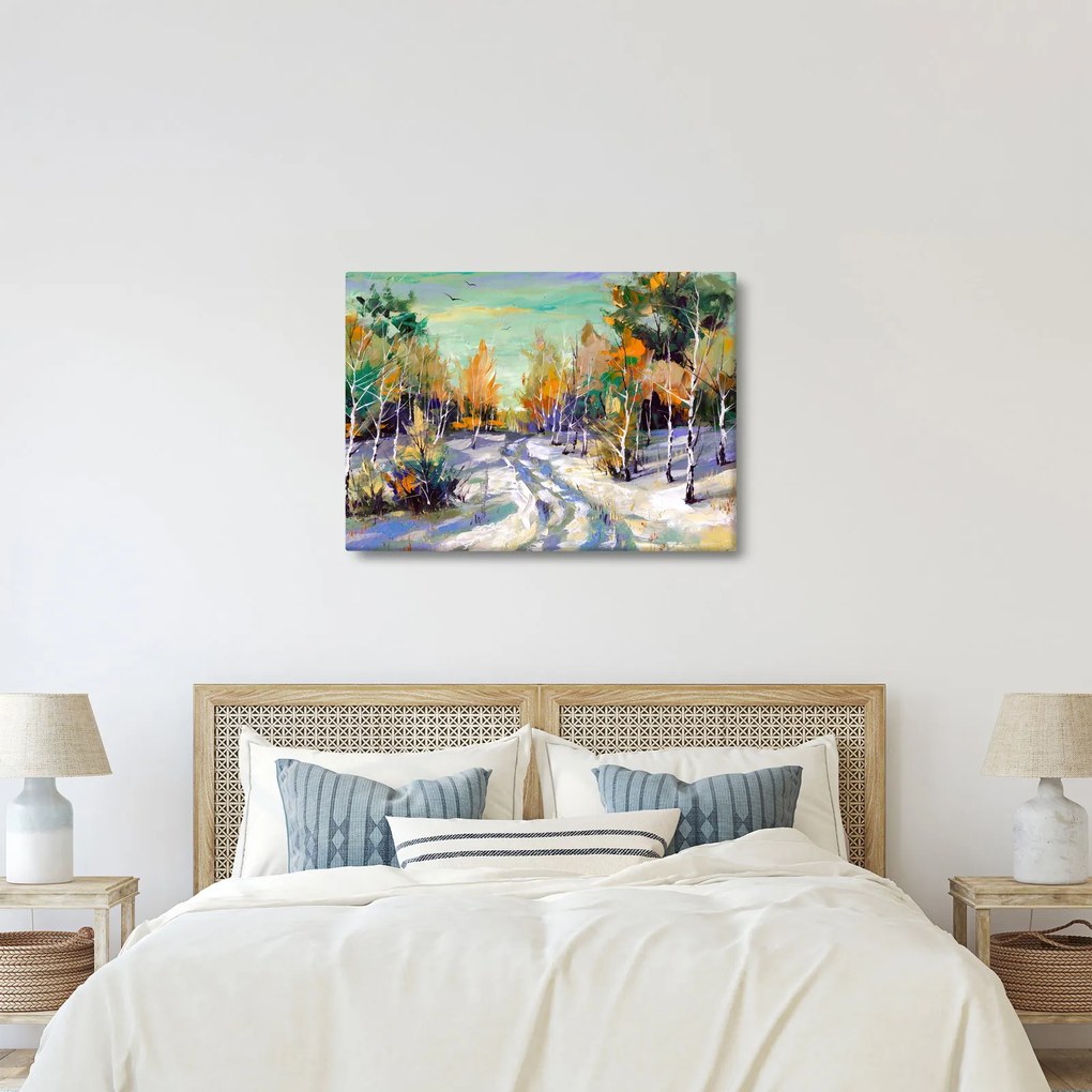 Obraz - Zaśnieżona ścieżka przez las, obraz olejny (70x50 cm)