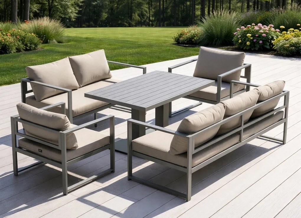 Zestaw mebli ogrodowych Bellagio 006 z sofami, fotelami i ławostołem, szary, poduszki beżowe