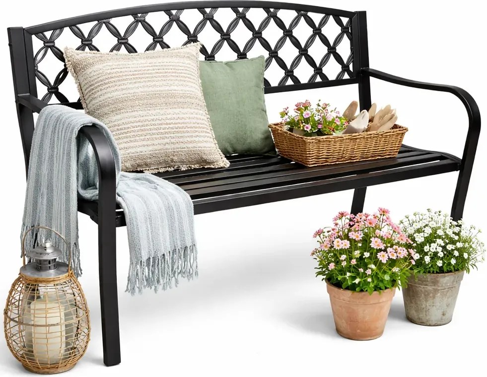 Czarna ławka z ażurowym oparciem do ogrodu Z3-D73