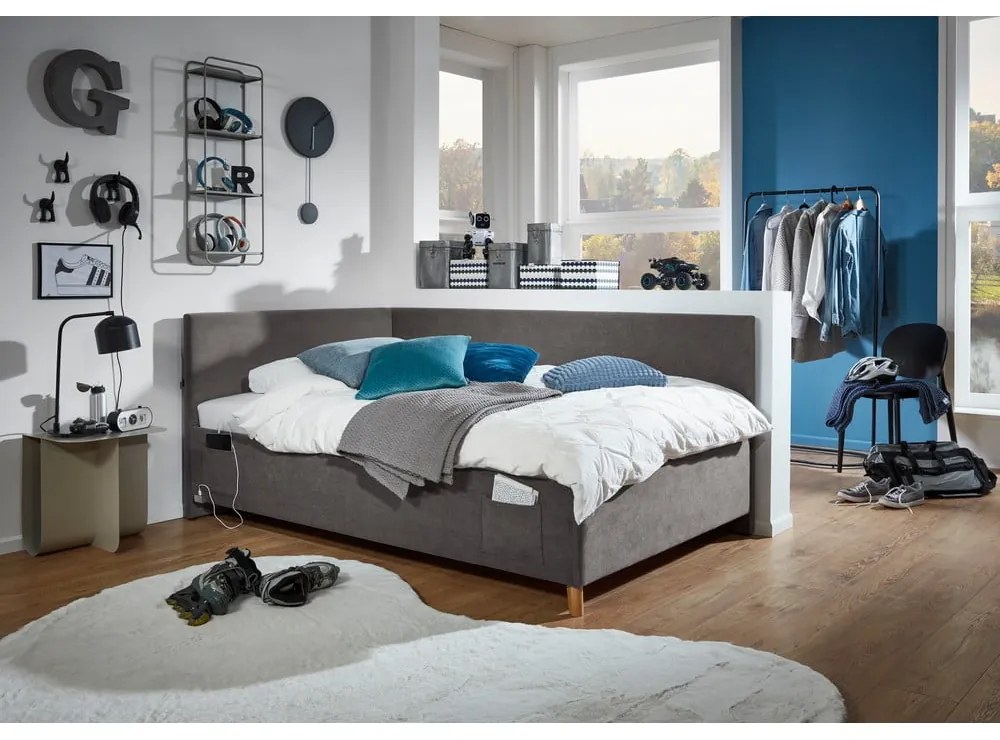 Antracytowe tapicerowane narożne łóżko dziecięce ze schowkiem ze stelażem 90x200 cm Cool – Meise Möbel