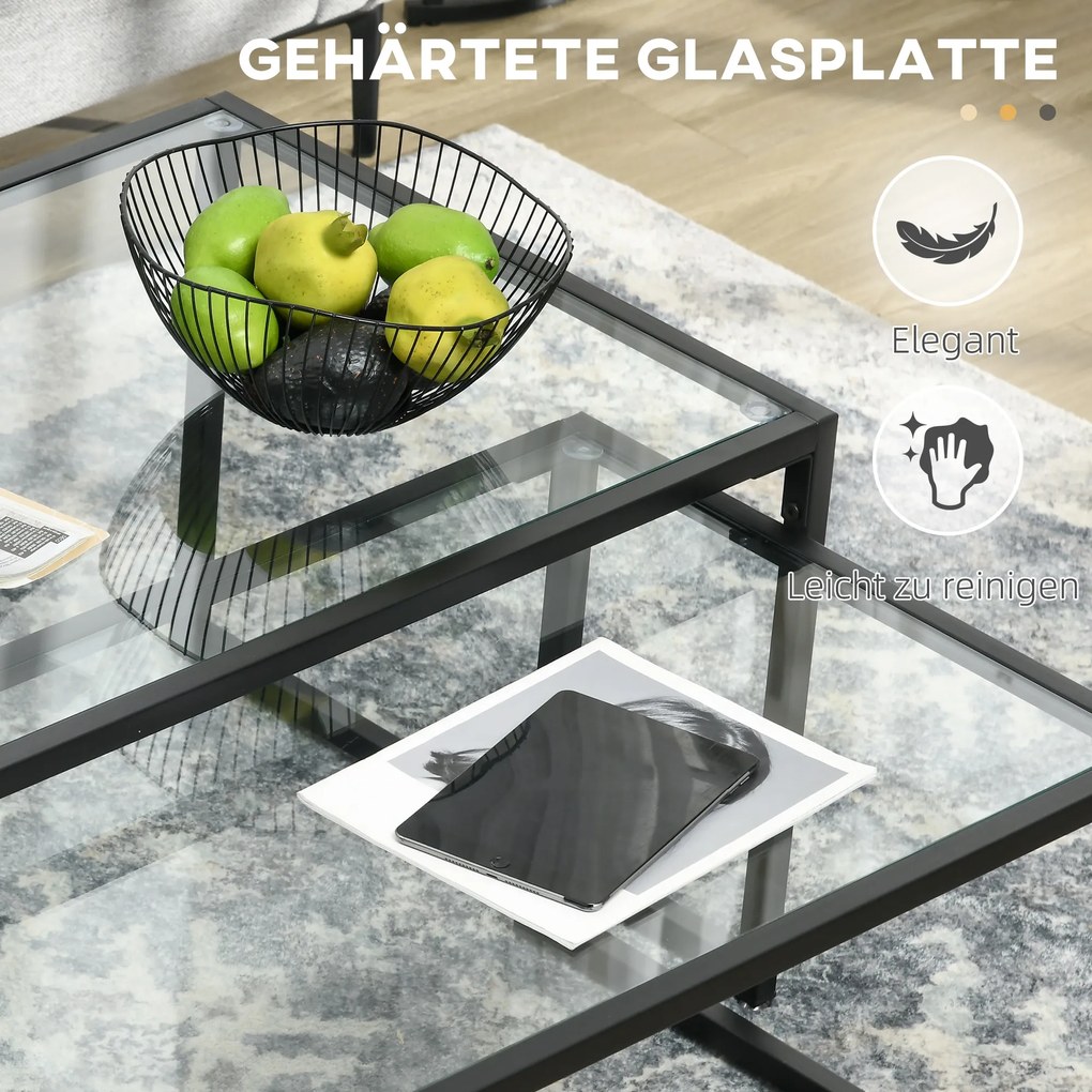 HOMCOM Zestaw 2 Stolików Kawowych Stalowe z Przezroczystym Blatem Nowoczesny Design Czarne 119x56x44.5 cm | Aosom PL