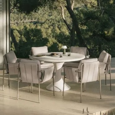 Zestaw Okrągłego Stołu Ø120 Cm Z Cementu Eloria Oraz 6 Ogrodowych Krzeseł Z Podłokietnikami, Tapicerowanych I Wykonanych Ze Stal Moka Brown - Sklum