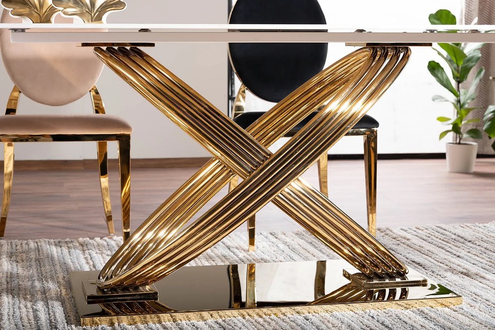 Stół glamour z ceramicznym blatem i złotą podstawą Hermes