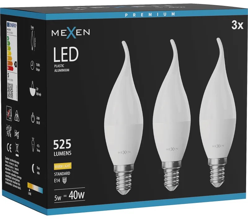 Mexen Nova 3x żarówka LED płomyk E14, C37, 5W, Ciepła - 3000K, 525 lm - L106-E14-0530-01x03