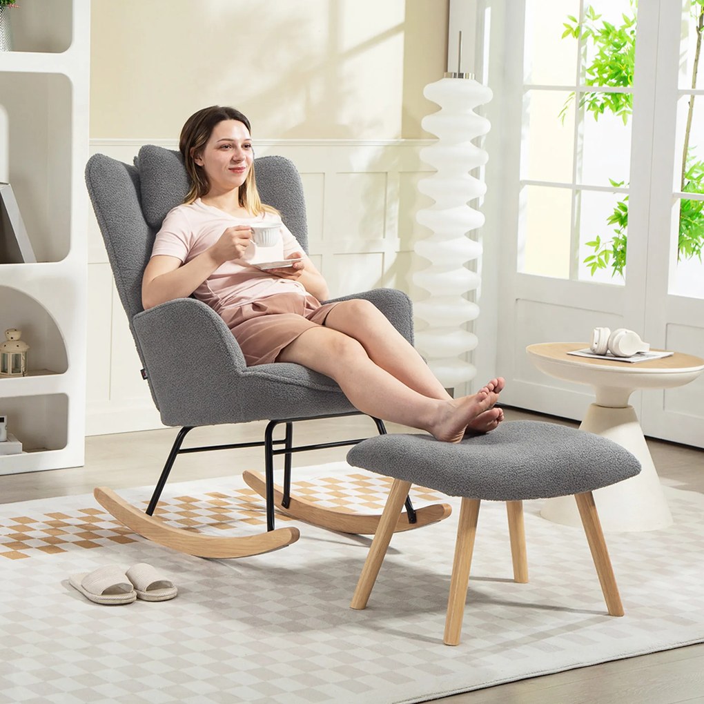 HOMCOM Fotel bujany z podnóżkiem, miękkie pokrycie polarowe, drewniane nogi, poduszka, wysokie oparcie, fotel bujany, ciemnoszary