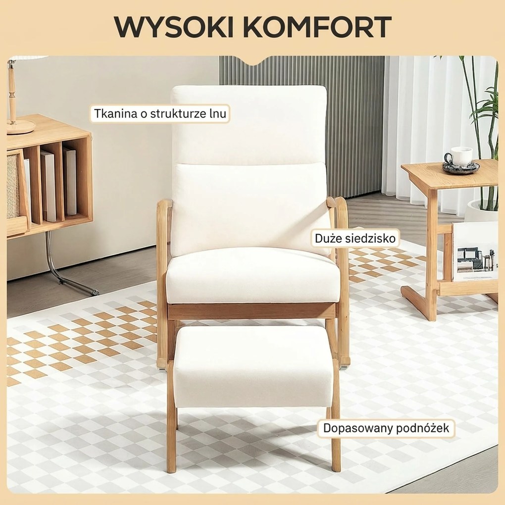 HOMCOM Fotel bujany z podnóżkiem, miękka tapicerka, wygląd lnu, drewniana rama, Kremowy
