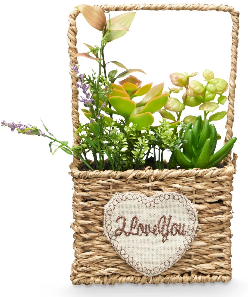 Sztuczne sukulenty w plecionym koszyku LOVE, 12 x 21 cm