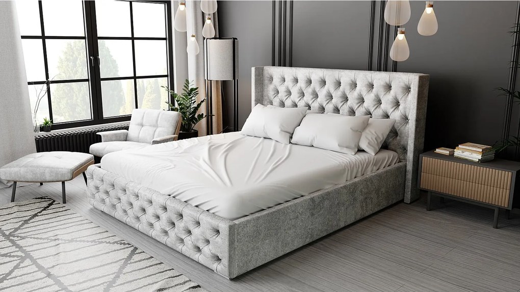 Emporius Rolia łóżko chesterfield 140x200 - pojemnik i stelaż, wysoka jakość - łóżko dwuosobowe 140x200 w stylu glamour - aksamit, szary (Paros 5)