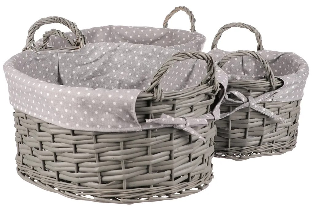 Zestaw koszy wiklinowych z tkaniną Szara kropka, 3 szt., 3 rozmiary, 39 x 22 x 31 cm