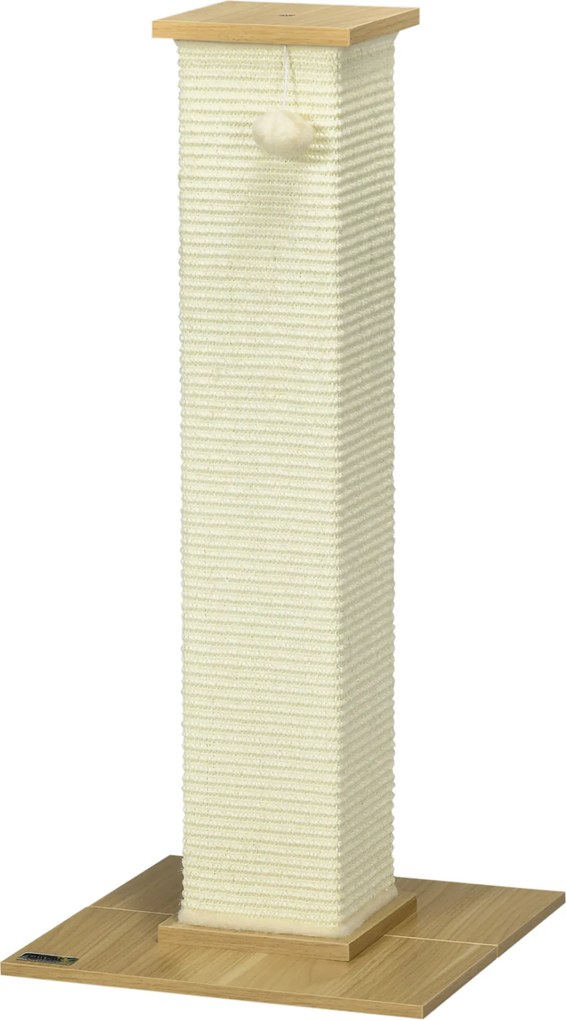PawHut Drapak z Zabawką, 38 cm x 38 cm x 80 cm, Beż + Naturalny