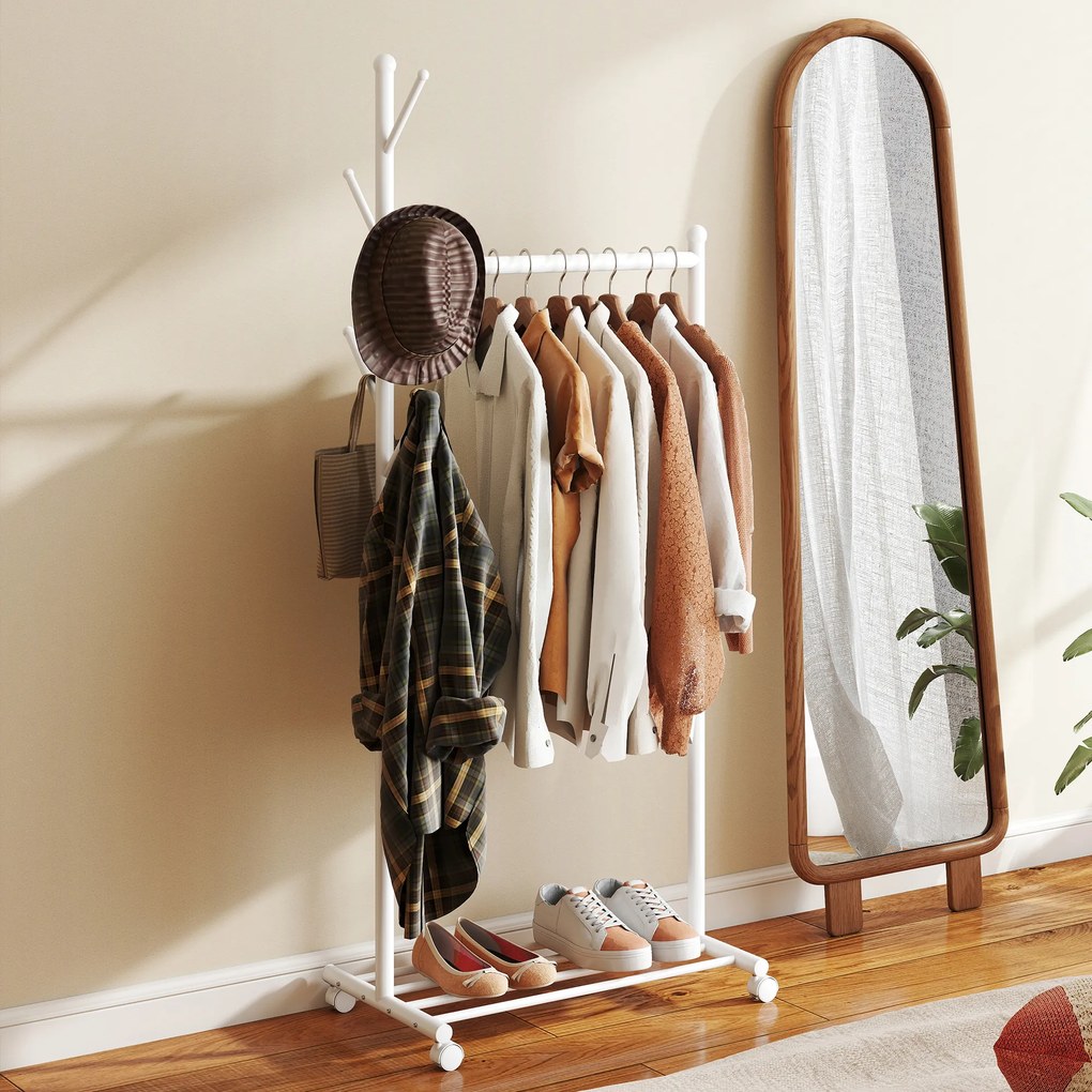 HOMCOM Stojak na ubrania z kółkami, mobilny wieszak z drążkiem, 5 haczyków, półka na buty, biały