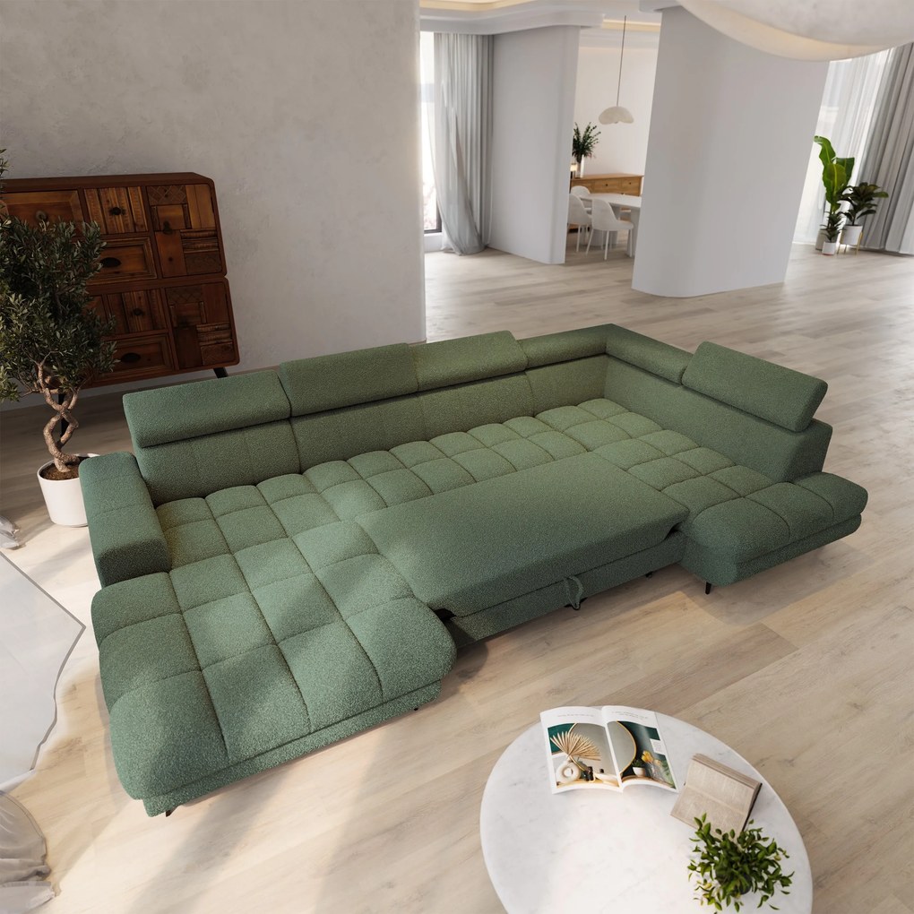 Masseno Narożnik CORENO z funkcją spania i pojemnikiem na pościel Narozniki U, Rozkładana sofa - Zielony, QUELLE 37