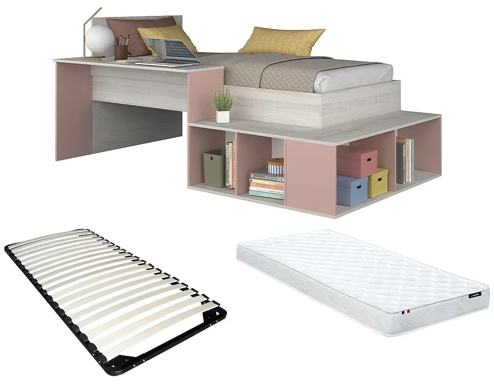 Łóżko wielofunkcyjne 90 × 200 cm ze schowkiem i biurkiem – Naturalny i różowy + Stelaż + Materac – RIGALI