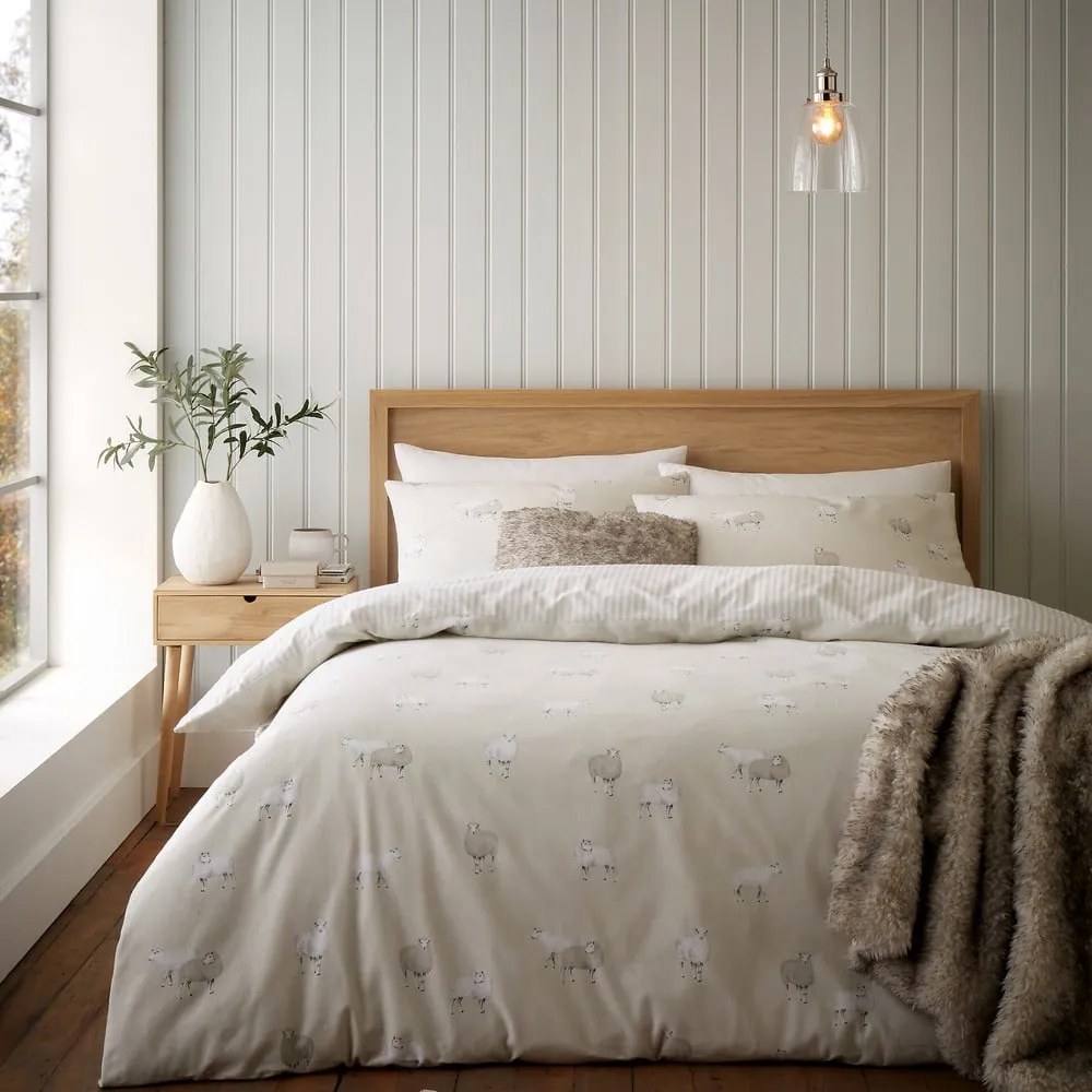 Beżowa flanelowa pościel dwuosobowa 230x220 cm Sheep – Catherine Lansfield