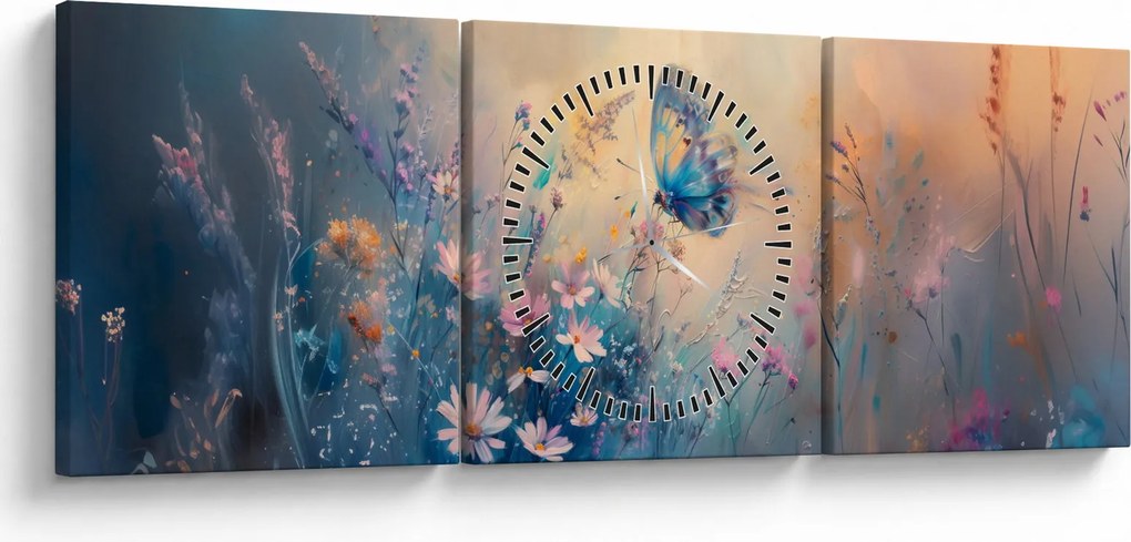 Obraz - Łąka z motylem (z zegarem) (90x30 cm)