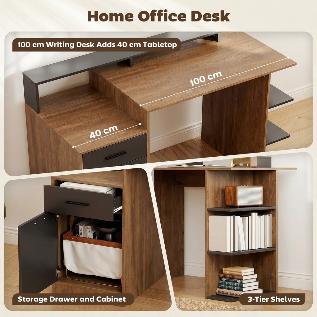 HOMCOM Biurko komputerowe z miejscem na przechowywanie i półkami, nowoczesne biurko do biura i gabinetu, 140 cm, dąb | Aosom PL