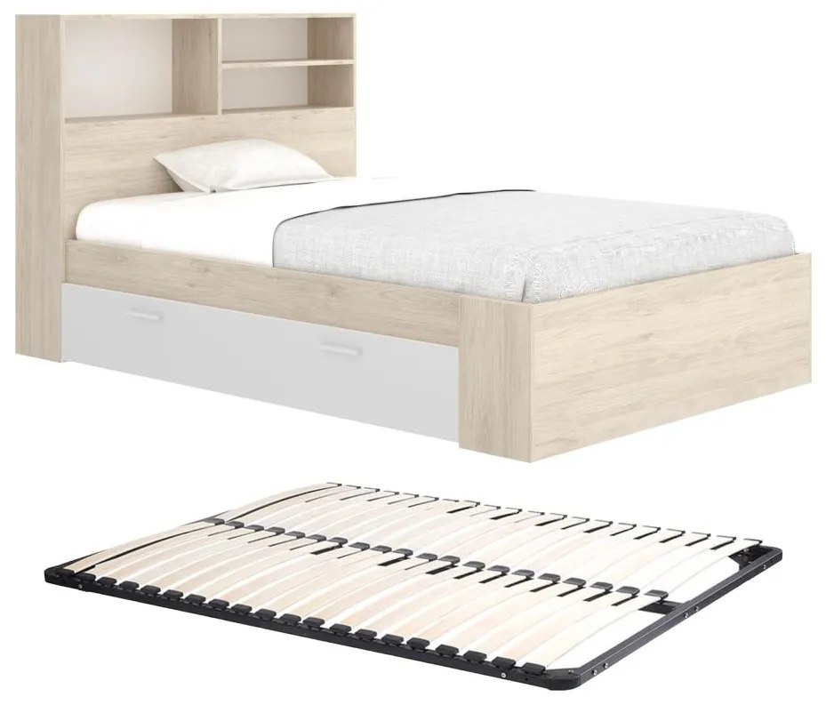 Łóżko 120 x 190 cm  ze skrzynią i - Naturalny i biały + Stelaż - VARDIEL