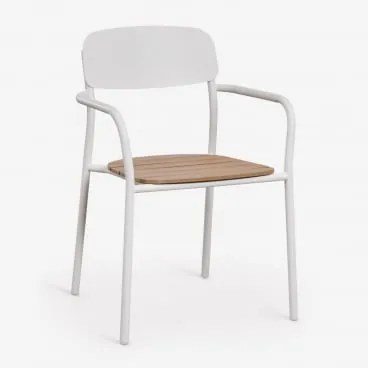 Zestaw 4 Sztaplowanych Krzeseł Ogrodowych Z Podłokietnikami Z Drewna I Stali Mireiali Gardenia White - Kasztanowy Brąz Drewna - Sklum