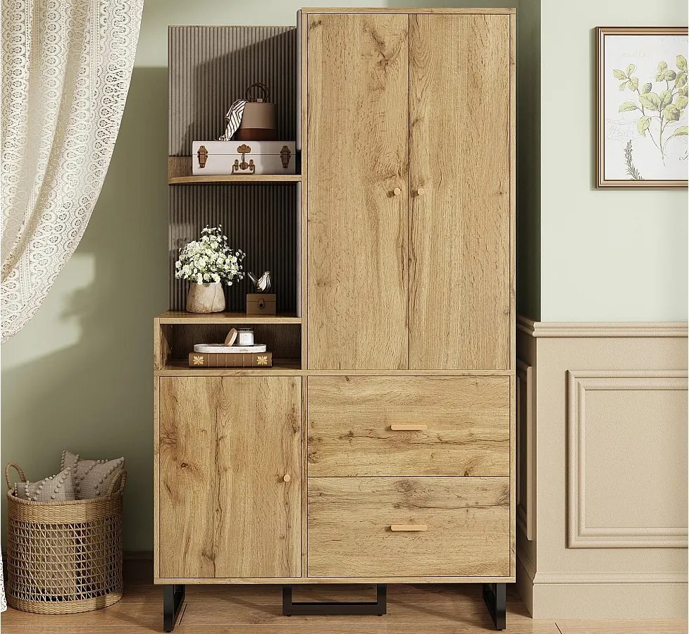 Zestaw wieszakowy do przedpokoju 110x38x186 cm - 3 drzwi i 2 szuflady - szafa z wieszakiem - Panele tapicerowane - Naturalny