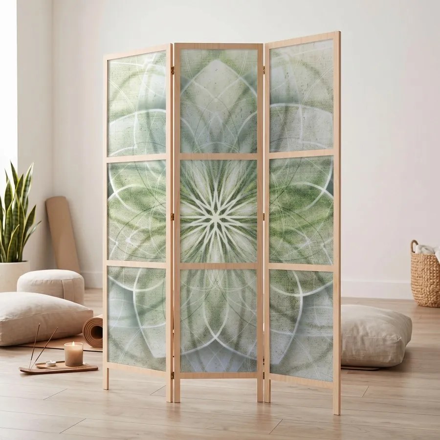 Parawan pokojowy 3-częściowy 135x172 drewniany japoński Jednostronny dekoracyjny boho zen Szary Zielona Mandala Życia