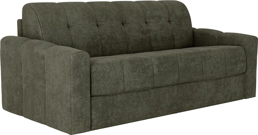 Kanapa 3-osobowa rozkładana typu express z teksturowanej tkaniny w kolorze khaki - Powierzchnia spania na szerokich listwach 140 cm - Materac 22 cm z pianki z pamięcią kształtu - DARIELO