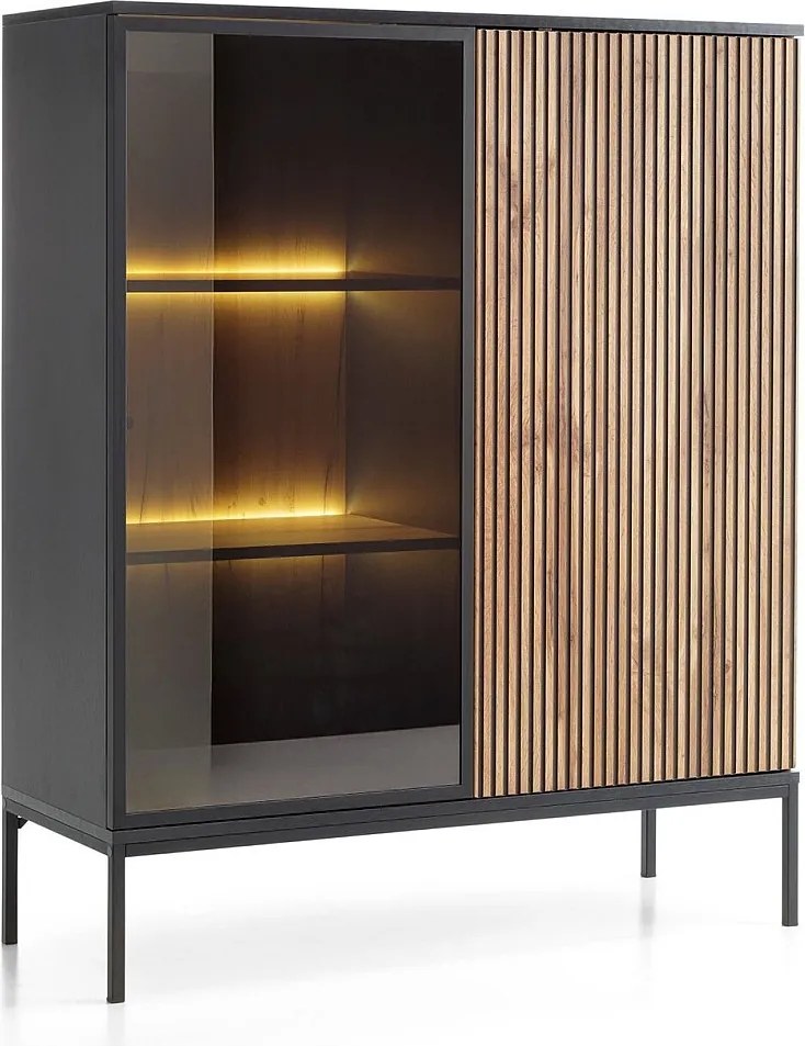 Emporius Haller witryna szklana na nóżkach - komoda w stylu loft, szklane drzwi, oświetlenie LED - witryna 100 cm do salonu z lamelami