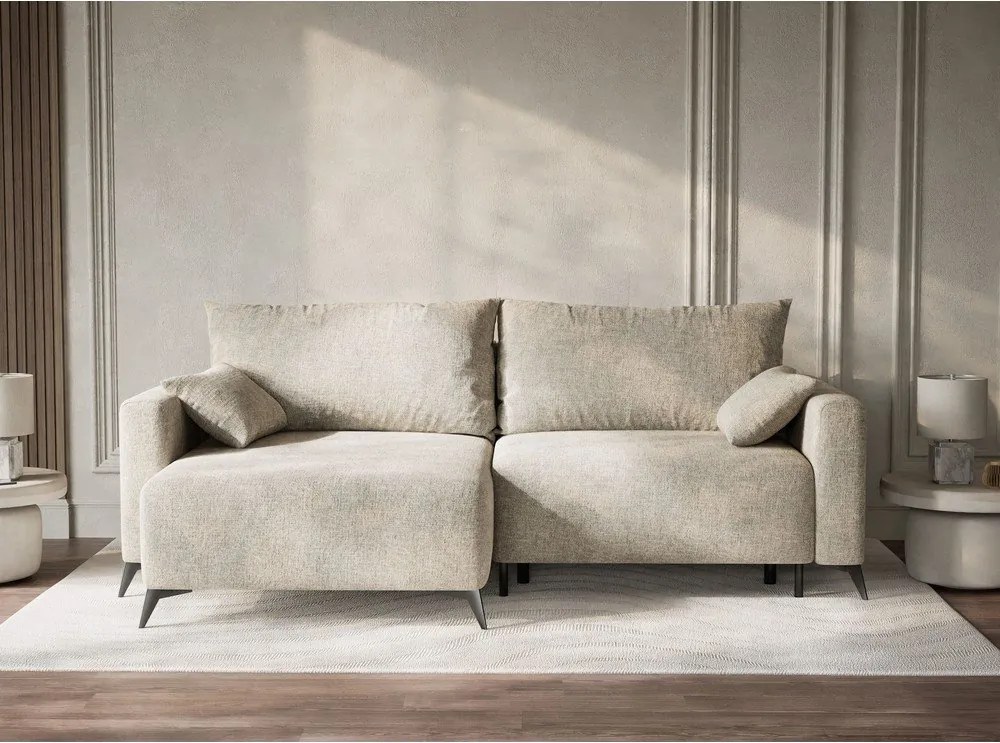 Beżowy rozkładany/ze schowkiem narożnik z tkaniny szenilowej (lewostronny/z szezlongiem) Leon – Maison de Rêve