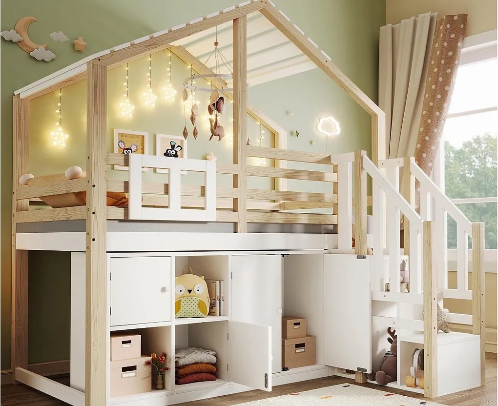 Łóżko na antresoli 90x200 cm - Kształt domku - z barierkami - z miejscem do przechowywania - z drabiną - Biały + Naturalny (materac nie jest dołączony)
