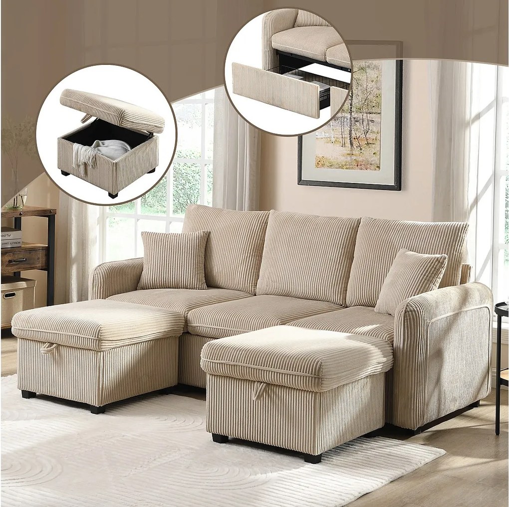 Sofa narożna tapicerowana - 188 x 82 x 86 cm - 3-osobowa - 2 podnóżki ze schowkiem + 2 szuflady - aksamit - szary