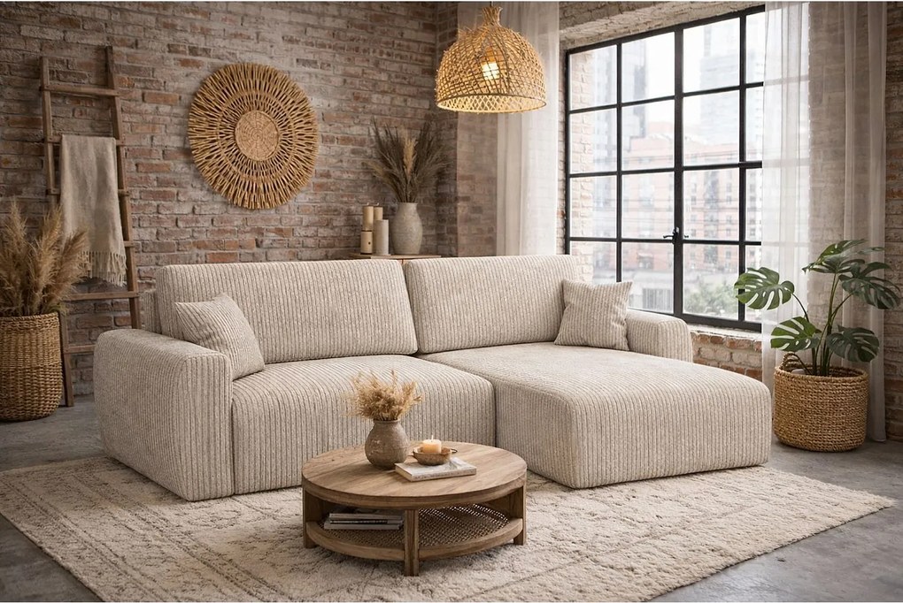 Narożnik z funkcją spania i pojemnikiem Ariel XL, tkanina sztruksowa Poso, Ciemnobeżowy, Prawy