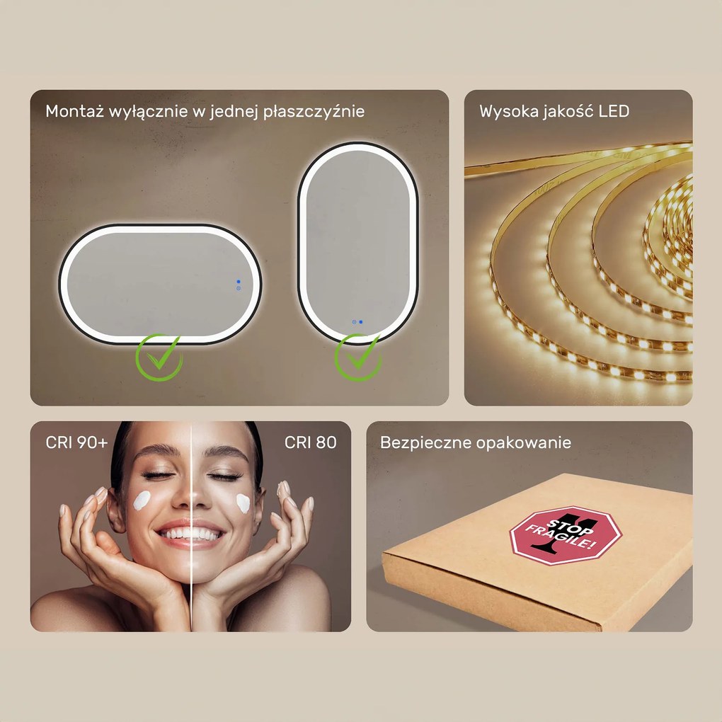 Owalne lustro z podświetleniem LED w czarnej aluminiowej ramie