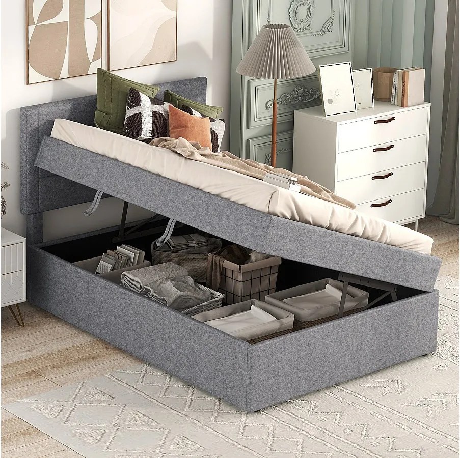 Łóżko ze schowkiem 90 x 200 cm z zagłówkiem - Tkanina lniana - Otwieranie z boku - Stelaż z listew - Szare (bez materaca)