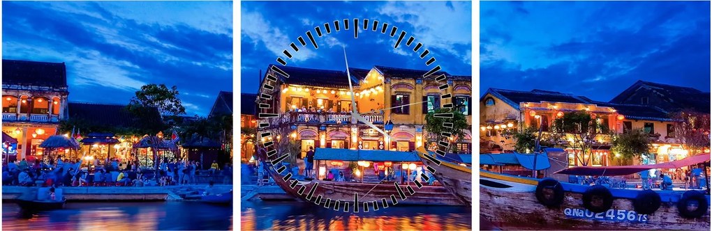 Obraz nocnego miasta Hoi An w Wietnamie (z zegarem) (90x30 cm)
